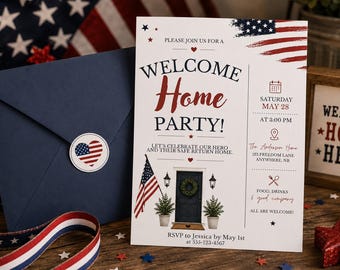 Welcome Home militaire uitnodiging voor feest, militaire patriottische thuiskomst uitnodigen, bewerkbare Canva 5 x 7 digitale download afdrukbare