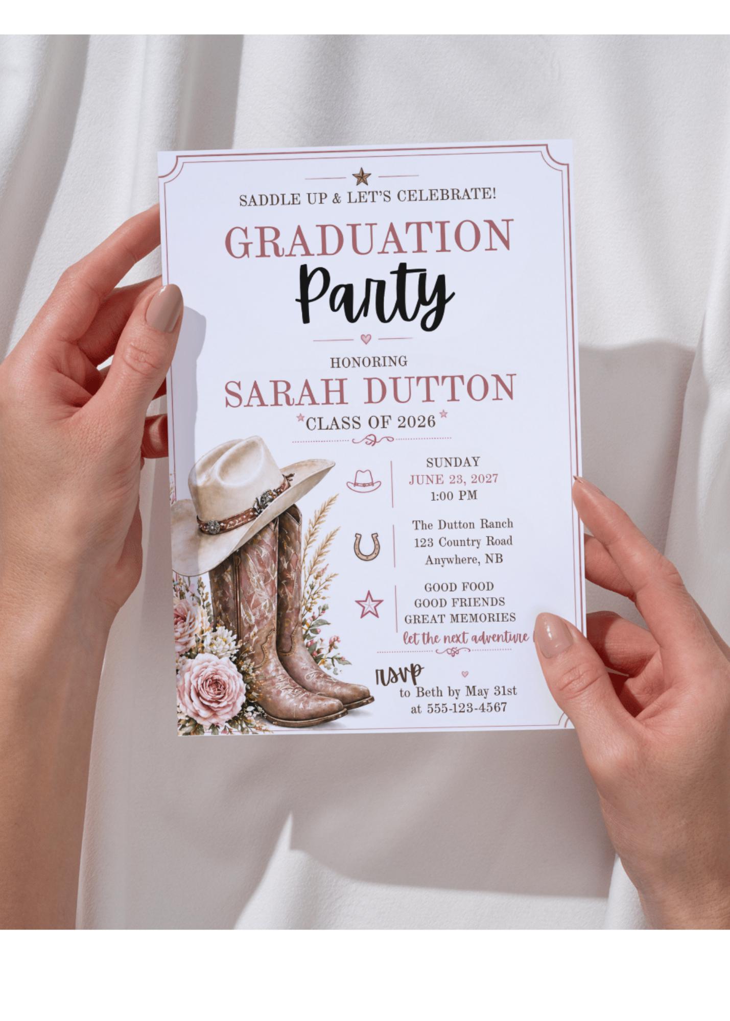 Rustic Country Western Grad Party Invite, Cowgirl Graduation Party ...