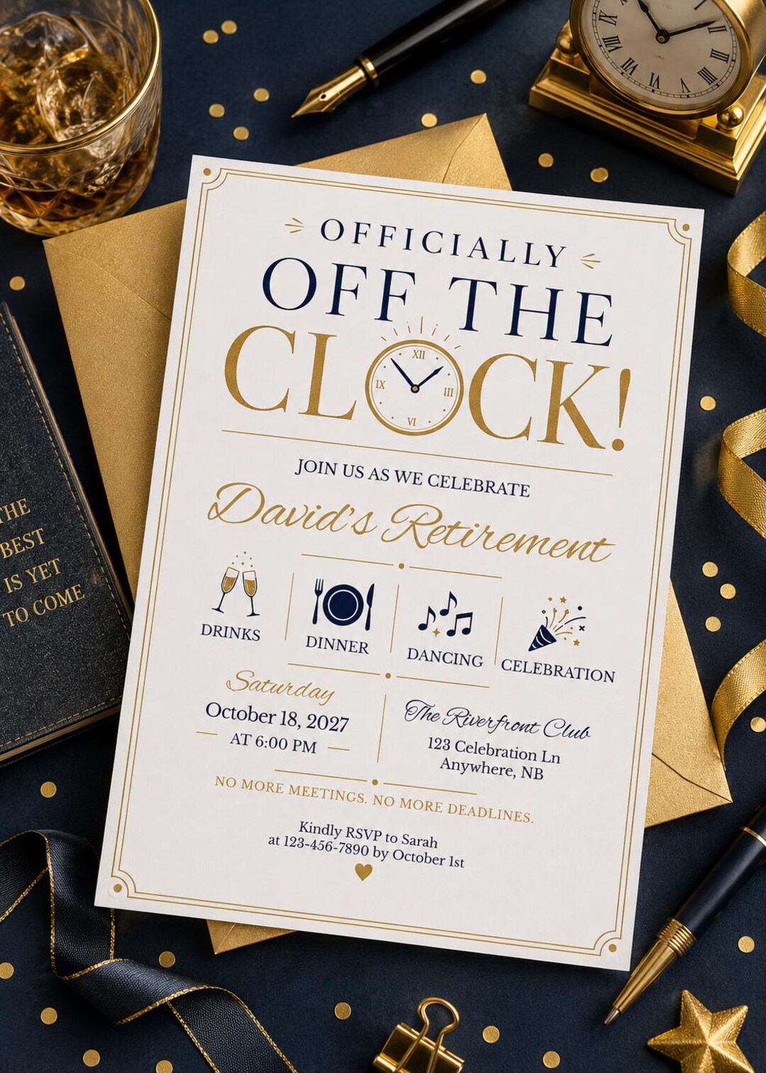 Retirement off the Clock Party Invite, Elegant Retirement Celebration ...