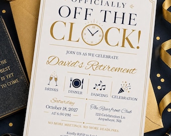 Retirement Off The Clock Party Invite, Elegant Retirement Celebration Invitation, Navy and Gold Invite,Editable Canva 5x7 Digital Download