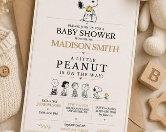 Eine kleine Erdnuss ist auf dem Weg Babyparty einladen, Peanuts Snoopy Babyparty, Canva Bearbeitbar 5 x 7 Digital Download