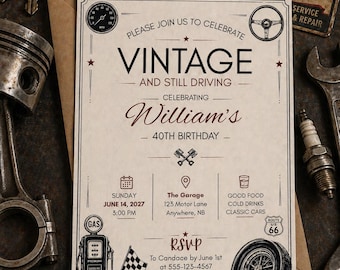 Vintage Classic Car Birthday Invite, Retro Garage Party Invitation, Masculine Birthday Invite, Editable Canva Template 5x7 Download
