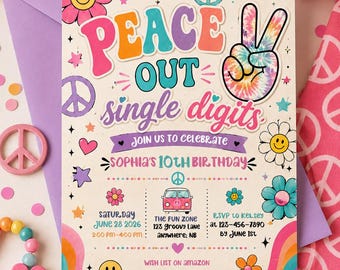 Peace Out enkele cijfers verjaardagsuitnodiging sjabloon, Groovy Retro Hippie 10e verjaardagsuitnodiging, bewerkbare Canva 5 x 7 digitale download