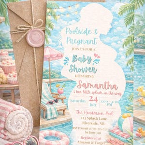 Poolside Baby Shower Invitation Template, Pool Baby Shower Invite, Summer Baby Shower, Canva Editable, 5x7 Digital Download