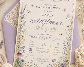 A Little Wildflower Floral Baby Shower Theme, Neutral Boho Garden Baby Shower Invite, Editable Canva 5x7 Digital Download