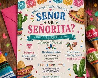 Señor or Señorita Gender Reveal Invitation Template, Mexican Theme Gender Reveal Invite, Fiesta Gender Reveal, Editable Canva Printable 5x7