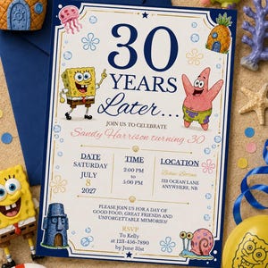 May include: A rectangular birthday invitation card featuring Spongebob Squarepants characters, with the text 30 YEARS Later... JOIN US TO CELEBRATE Sandy Harrison turning 30, including date, time, location, and RSVP details on a white background with blue borders.