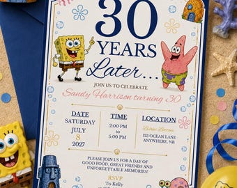Sjabloon 30 jaar later verjaardagsuitnodiging, Spongebob geïnspireerd grappig bikinibroekje thema, bewerkbare Canva-sjabloon 5 x 7 downloaden