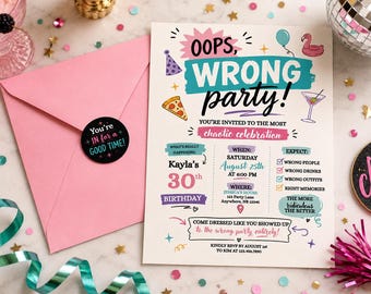 Oeps verkeerde partij verjaardagsuitnodiging sjabloon, grappige volwassen verjaardagsuitnodiging, verkeerde outfit partij, bewerkbare Canva 5 x 7 digitale download