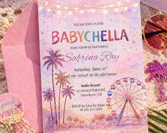 Babychella babyshower uitnodiging sjabloon, muziekfestival thema babyshower uitnodigen, Boho babyshower, canvas bewerkbaar, download van 5 x 7