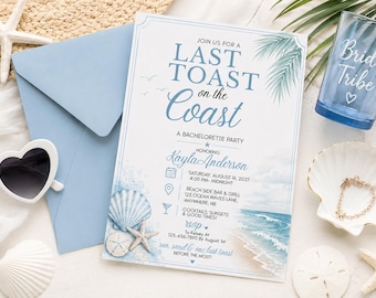 Sjabloon laatste toast op de kust vrijgezellenfeest uitnodiging, strand Coastal Bach bruidsweekend, bewerkbare Canva 5 x 7 digitale download