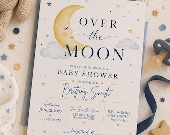 Over the Moon & Stars Baby Shower Invite, Gender Neutral Celestial Baby Shower Invitation, Canva Editable 5x7 Digital Download