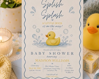 Badeend babyshower uitnodiging sjabloon, genderneutraal babyshower, canva bewerkbare 5 x 7 digitale download afdrukbare