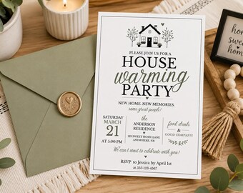 Sjabloon uitnodiging housewarmingfeest, bewerkbare housewarminguitnodiging, uitnodiging modern nieuw huis, Canva bewerkbare 5 x 7 digitale download