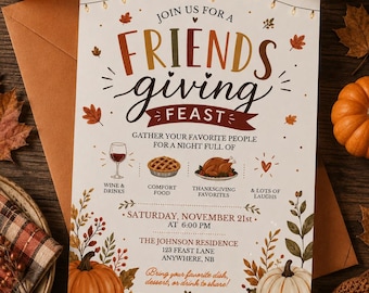 Friendsgiving Invitation Template, Fall Thanksgiving Friends Dinner Gathering Invitation, Editable Canva 5x7 Digital Download