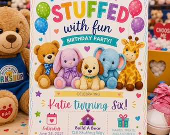 Stuffed Animal Birthday Invitation, Build A Bear Birthday Party Invite, Teddy Bear Birthday Invitation, Editable Canva 5x7 Digital Download