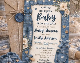 Blue Jean babyshower uitnodiging sjabloon, denim babyshower uitnodigen, rustiek denim thema, canva bewerkbare 5 x 7 digitale download