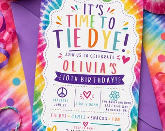 Invito per festa di compleanno colorato con effetto tie-dye, invito di compleanno estivo arcobaleno, download digitale modificabile su Canva 5x7
