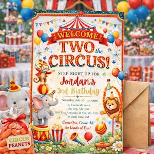 Könnte beinhalten: Eine farbenfrohe Zirkus-Themen-Einladung zum zweiten Geburtstag. Das Design zeigt ein Zirkuszelt, Luftballons und Zeichentricktiere. Die Einladung enthält den Text "Willkommen im Zirkus!" und Veranstaltungsdetails.