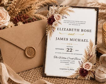 Boho Pampas Wedding Invitation Template, Rustic Burgundy Floral Canva Invitation, Editable Canva 5x7 Digital Download