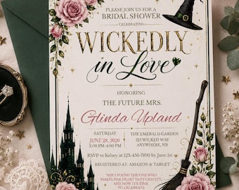 Wickedly in Love Bridal Shower Invitation Template, Broadway Wicked Emerald City Bridal Shower, Canva Editable 5x7 Digital Download
