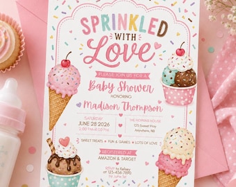Besprenkeld met liefde baby shower uitnodiging sjabloon, ijs zoet dessert baby strooi uitnodiging, canva bewerkbare 5 x 7 digitale download