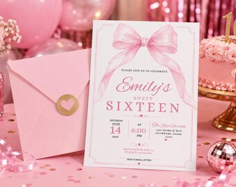 Pink Bow Sweet 16 Invitation Template, Editable Sweet Sixteen Invite, Coquette Birthday Invitation, Editable Canva 5x7 Digital Download