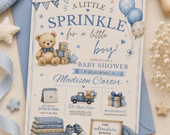 Invitación para baby shower "Un pequeño brindis para un niño", invitación para baby shower, invitación para baby shower de niño, descarga digital editable de Canva de 5x7 pulgadas