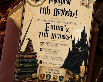 Wizard Birthday Invitation Template, Magical Book Inspiring Birthday Invite, Editable Canva 5x7 Digital Download Printable