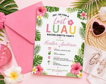 Sjabloon laatste Luau vrijgezellenfeest uitnodiging, tropisch Hawaiiaans bruidsweekend, bewerkbare canva 5 x 7 digitale download