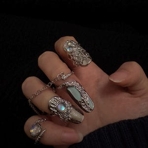 Moonlight Forest 4Pcs Nail Ring Cyberpunk Moonstone Finger Armor Unique Gift for Her, Spring Festival JewelryAdjustable Silver Plated