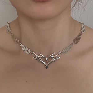 Cyberpunk Flame Heart Necklace, Liquid Metal Y2K Titanium Steel Choker