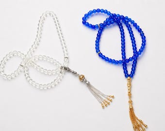 Tasbih, rosario islamico con 99 perle di quarzo cristallino e agata blu, rosario Misbaha.