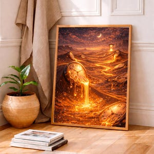 May include: A framed art print depicts a surreal landscape with melting clocks and a flowing, golden river. The artwork features a night sky with a crescent moon and a distant hourglass. The color palette is dominated by warm oranges and browns.