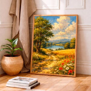 Puede incluir: Una pintura de paisaje enmarcada representa un campo soleado con un camino que conduce a un lago. Flores rojas y blancas florecen en primer plano. Se ven un árbol y un cielo azul con nubes. Una planta en maceta, libros y una alfombra están en la escena.