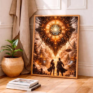 May include: A framed art print featuring a steampunk-inspired cityscape with a large clock face. The artwork depicts a couple standing in the foreground, with a detailed, glowing city in the background. The print is in a wooden frame.