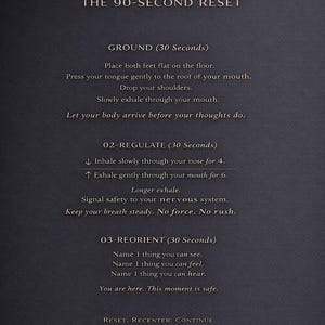 May include: A dark grey background with white text providing instructions for a 90-second reset. The text describes grounding, regulating breathing, and reorienting oneself. The font is simple and easy to read.