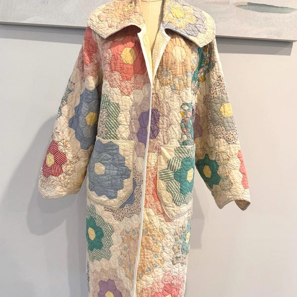 Vintage Quilt Duster Jacket – Patchwork Floral Art-to-Wear (M-2X)