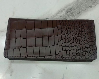 Braune Krokoprägung Leder Lange Brieftasche - Schlanke Bifold Kartenhalter Geldbörse
