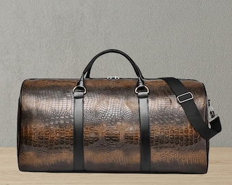 Braune Krokodil geprägte Ledertasche | Luxus Travel Weekender, Schultergurt, Unisex