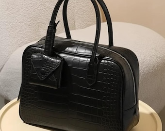 Schwarze Krokoprägung Lederhandtasche | Strukturierte Henkeltasche