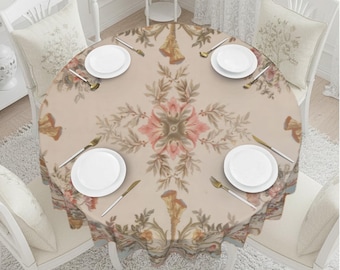 French Aubusson Floral Round Tablecloth, Shabby Chic Decor, 60" | FREE US SHIPPING!