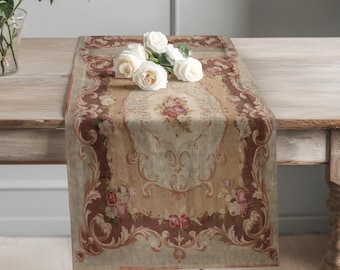 Camino de mesa floral estilo shabby chic, decoración campestre francesa Aubusson, 90" x 16"