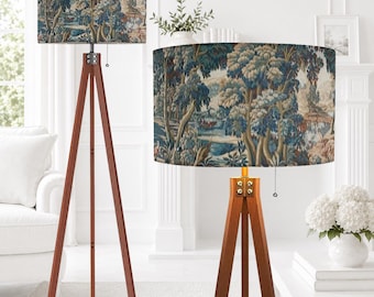 Verdure Tapestry Tripod Floor Lamp, Linen Textured Lampshade, French Country Decor