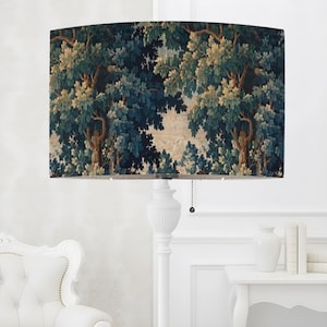 French Verdure Tapestry Lampshade, Natural Linen Drum Shade for Floor Lamps, Vintage Woodland Decor