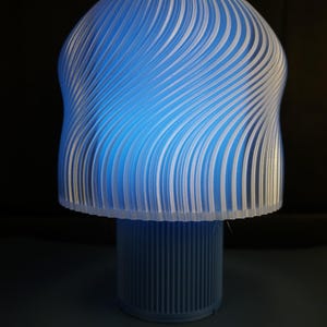 Könnte beinhalten: Eine blau-weiße dekorative Lampe mit einem einzigartigen Design. Die Lampe hat einen zylindrischen Sockel und eine Oberseite mit einem Wirbelmuster. Die Lampe strahlt ein sanftes blaues Licht aus und schafft eine beruhigende Atmosphäre. Die Lampe ist etwa 30 cm hoch.