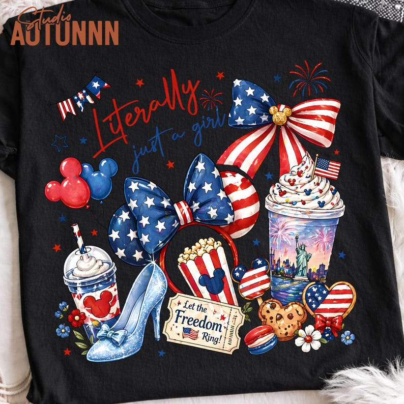 May include: Black t-shirt with a patriotic design featuring a bow, Mickey Mouse ears, and a high heel. The shirt includes the text "Literally just a girl" and other American-themed graphics like fireworks and the Statue of Liberty.