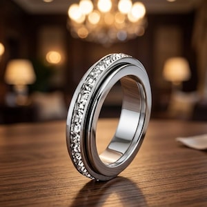 May include: A silver-toned metal ring featuring a central channel set with a continuous row of small, square-cut clear stones. The band has a polished, smooth finish on the outer edges, creating a reflective surface that catches the light.