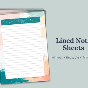 Puede incluir: Una pila de hojas de notas rayadas con un encabezado turquesa y dorado que dice "Notes". Las hojas tienen un diseño de acuarela en tonos de rosa, turquesa y naranja. El texto "Lined Note Sheets" se muestra a la derecha.