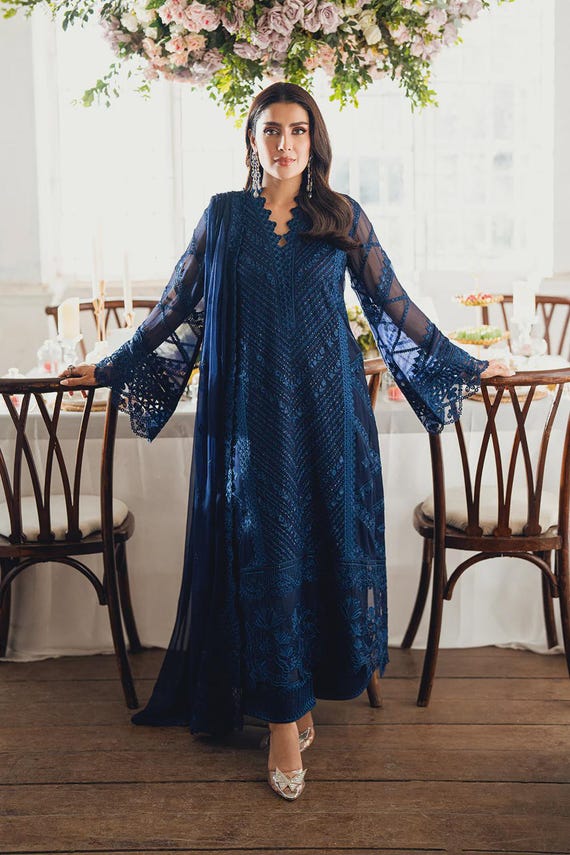 navy blue color pakistani dresses Embroidered Chiffon Stitched Suit, Ready to Wear Shalwar Kameez, Wedding Dress silhouette:best sellers